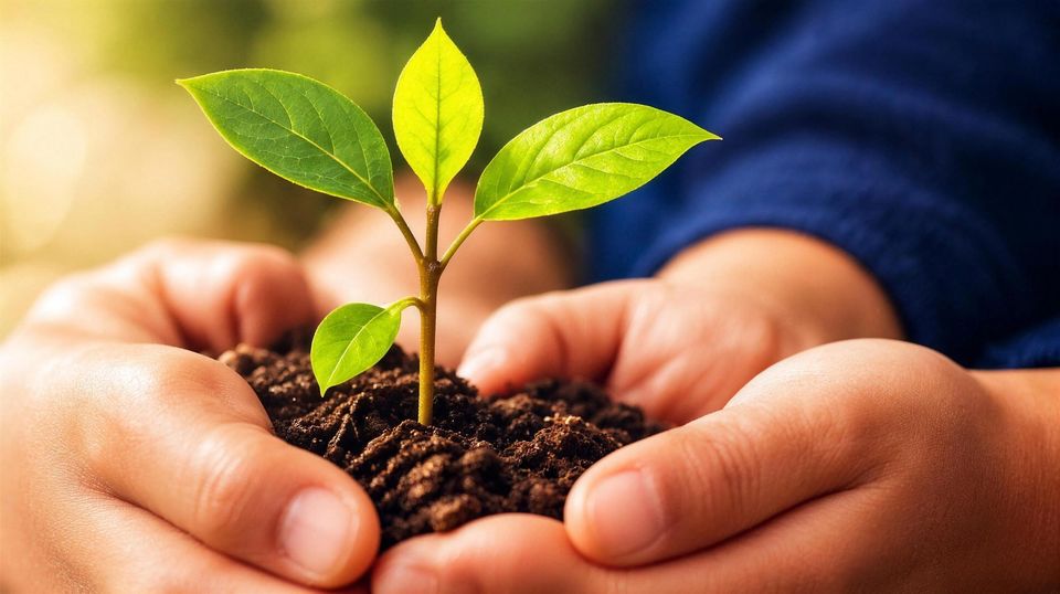 Cupped hands holding a young seedling in rich soil