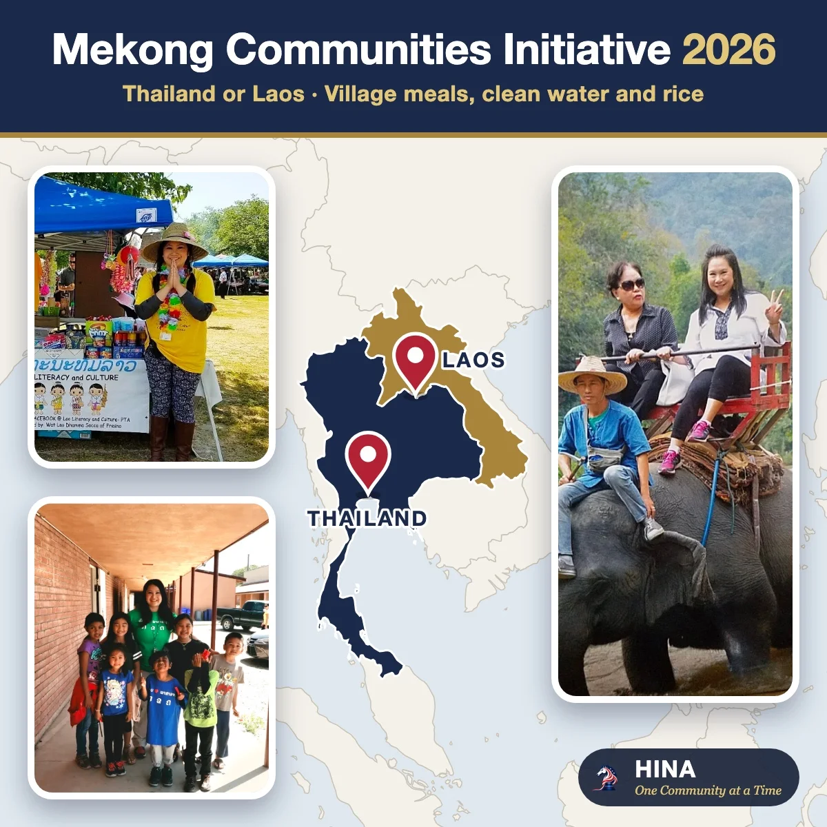 Give to the Mekong Communities Initiative 2026, Thailand or Laos: village meals, clean water and rice. A map of Thailand and Laos with photos from HINA's community work.