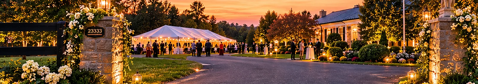 Concept rendering of the gala entrance at Fox Hill Farm: a lantern-lit gate, a white tent and the main house at sunset
