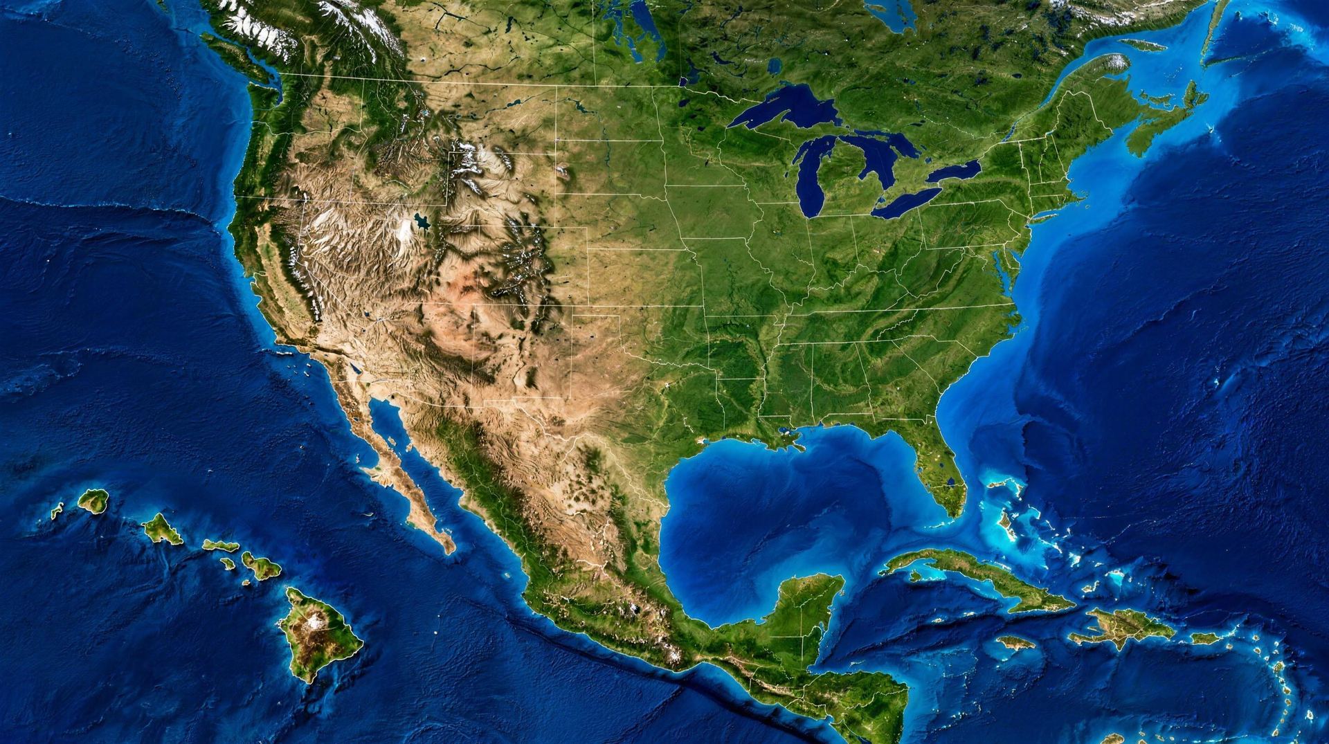 Satellite map of the United States and the Hawaiian Islands, with HINA's sites in Middleburg, Virginia and Honokaʻa, Hawaiʻi