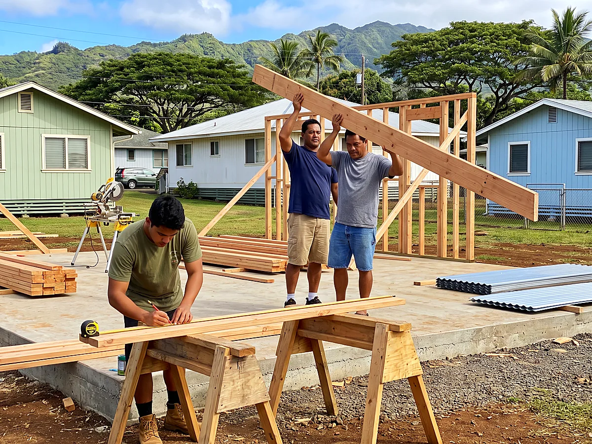 Two men raising a roof rafter on a new timber frame while a young man marks a board, in a neighborhood of plantation-style homes