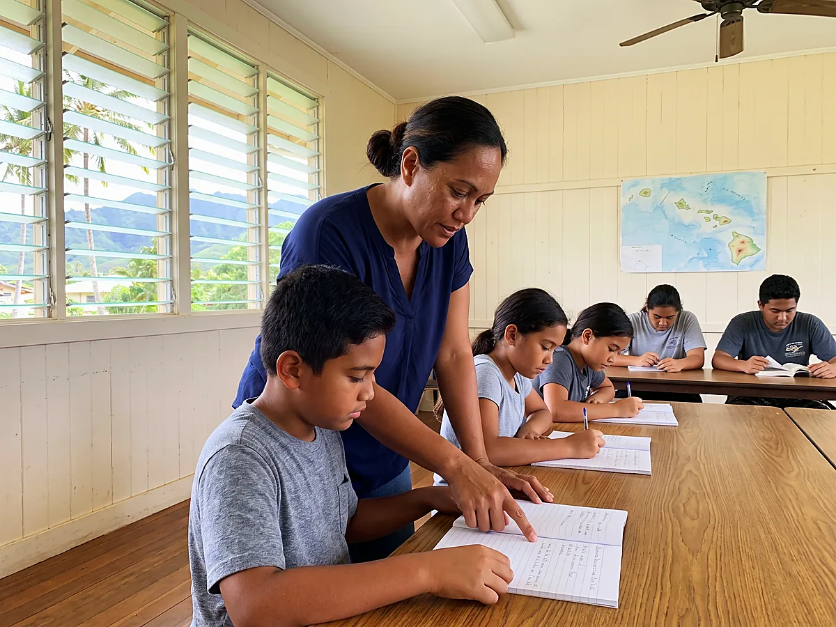 A teacher pointing to a line in a boy's exercise book while classmates write, in a classroom with louvered windows and a map of the Hawaiian islands