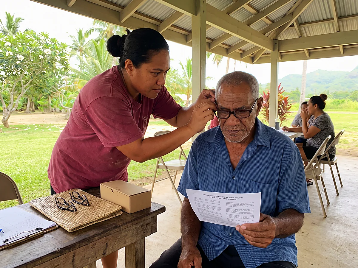 A volunteer fitting new eyeglasses on an elderly man on a community-center lanai while neighbors wait