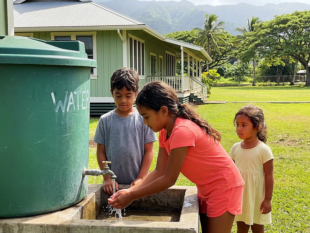 Children washing their hands at a green rainwater tank marked WATER outside a plantation-style school building