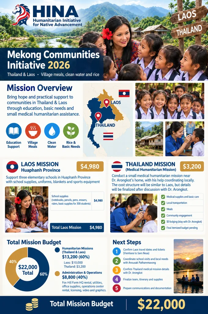 Mekong Communities Initiative 2026 infographic: mission overview, the Laos and Thailand missions, the $22,000 budget split and next steps