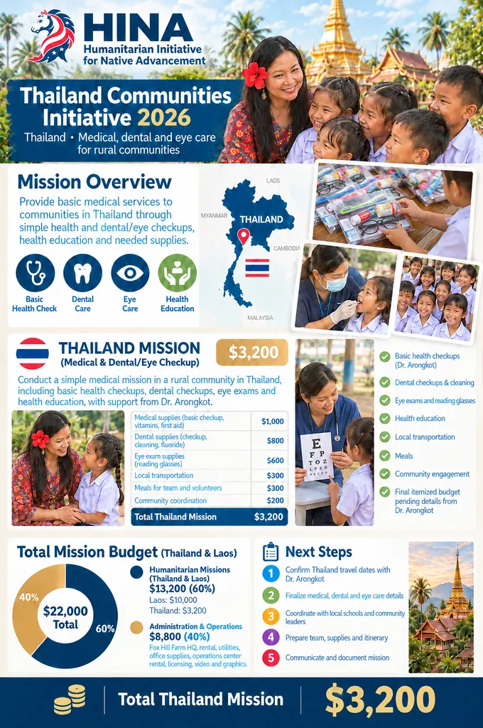 Thailand Communities Initiative 2026 infographic: the medical, dental and eye care mission and its $3,200 budget