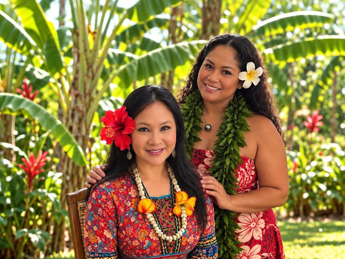 Dr. Lansing seated in a floral dress with a red hibiscus in her hair, a woman in a maile lei standing beside her in a garden