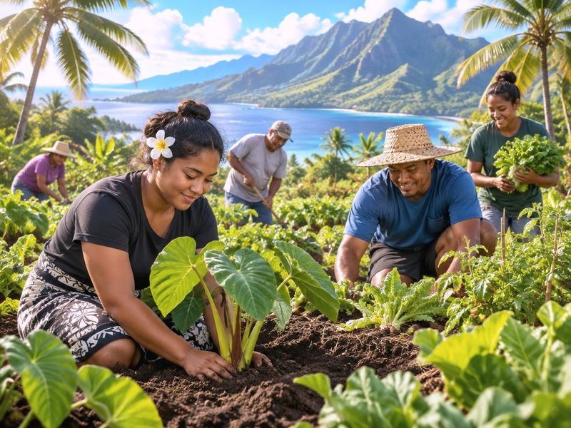 Community members planting taro and greens together in a coastal Hawaiian garden