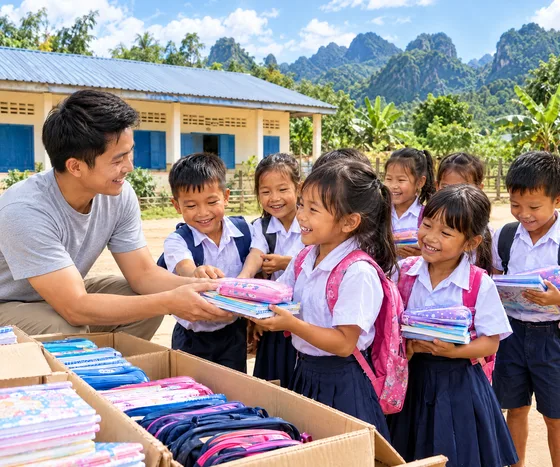 A volunteer in a grey T-shirt hands new notebooks and pencil cases to smiling schoolchildren in white uniforms outside a village school in Houaphanh