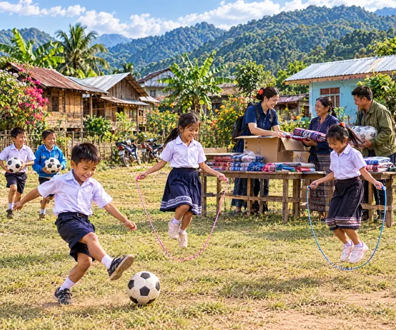 Children in school uniforms play with new soccer balls and jump ropes while volunteers and parents unpack blankets in a Houaphanh village