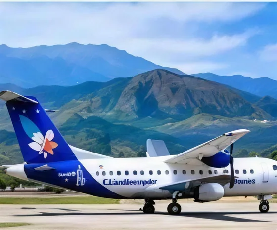 A turboprop aircraft parked below mountain peaks