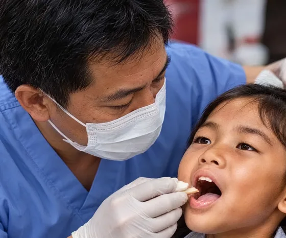 A health worker in blue scrubs checks a child’s teeth