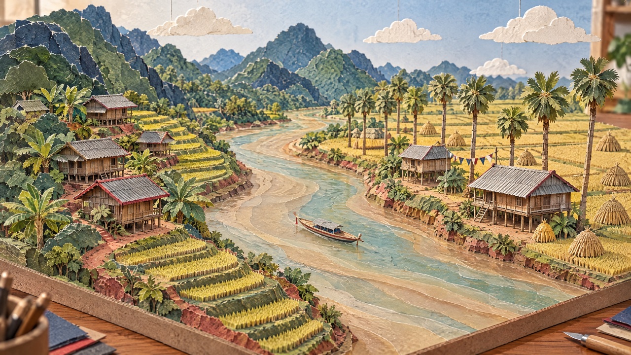 Papercraft river valley with the hills of Laos on one bank and the rice fields of Thailand on the other