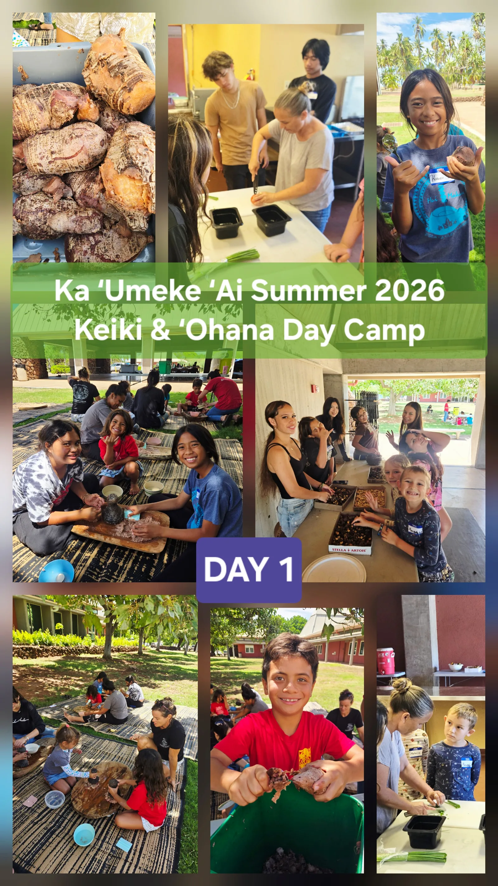 Keiki and ʻOhana Day Camp flyer with photos of campers and families